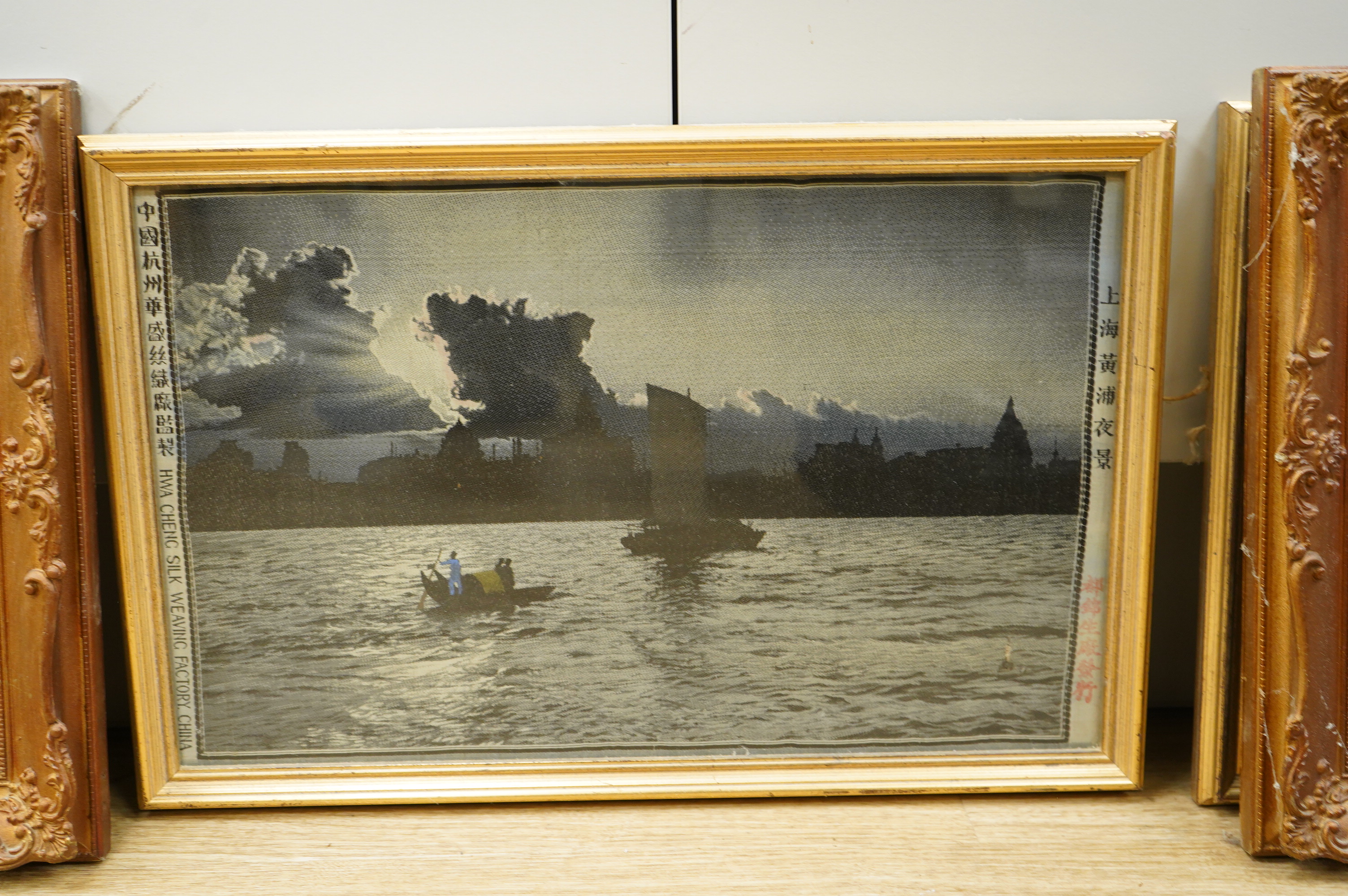 Four Chinese machine woven landscapes, framed, 24 x 39cm